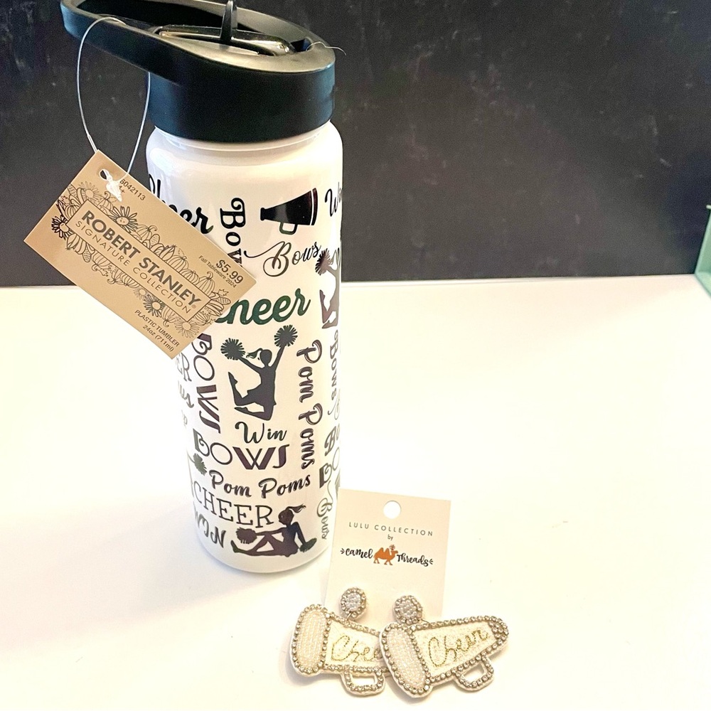 Beaded “Cheer” megaphone earrings by Camel Threads & Cheer water bottle.